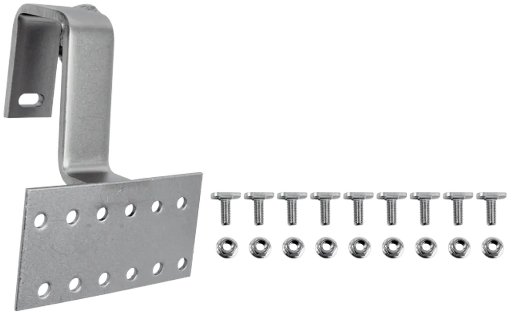 Alu-Haken mit flacher, rechteckiger Platte und mehreren Löchern zur Befestigung. Im Lieferumfang sind passende Schrauben enthalten. Produkt von Wolf.